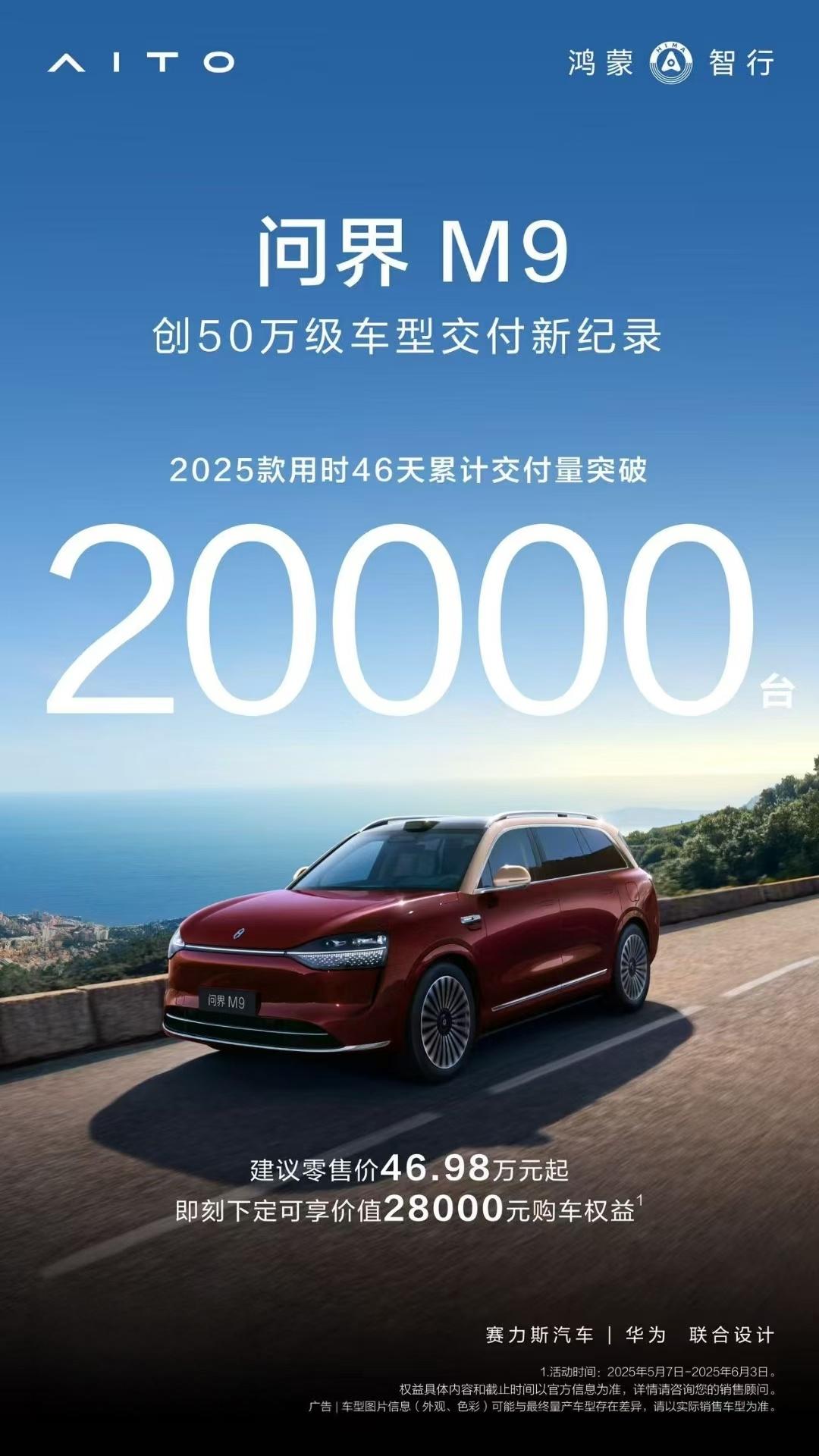 鸿蒙智行：2025款问界M9仅用46天交付量突破2万台，刷新50万级车型纪录
